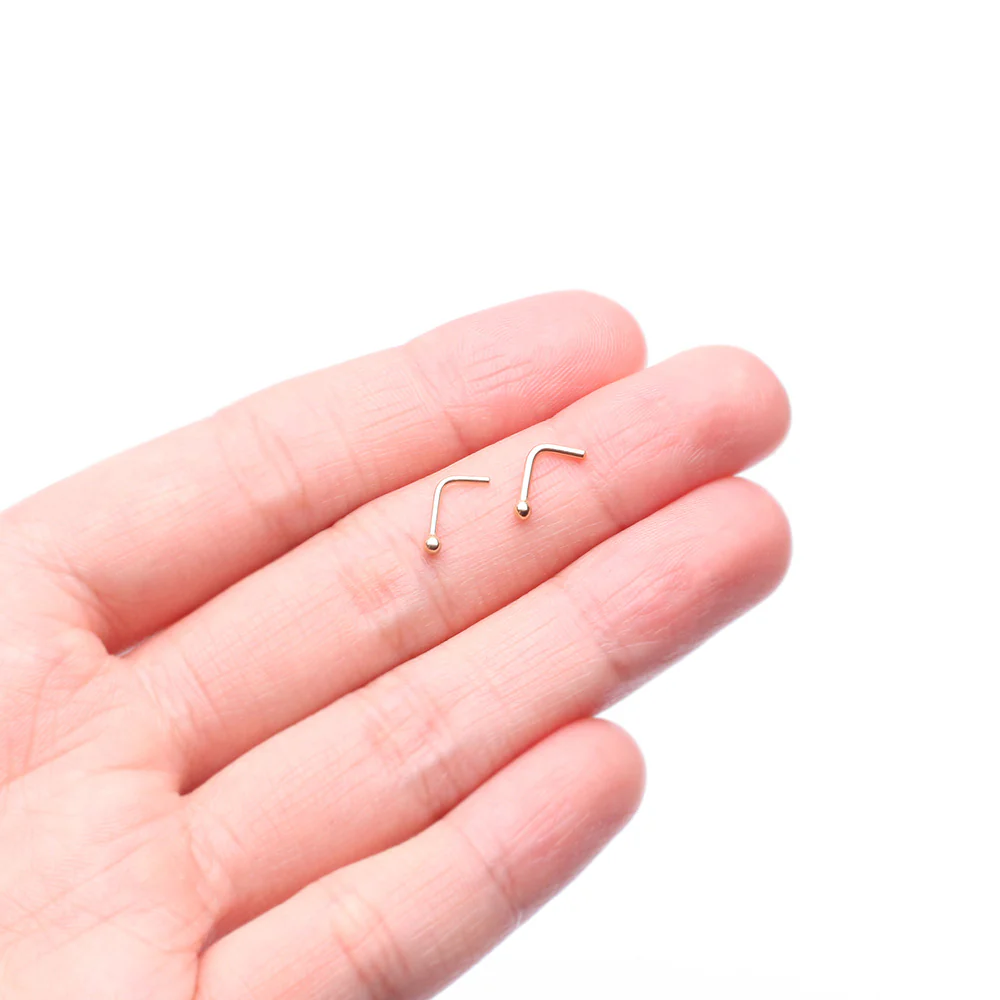 14 Karat Gold Ball Top L-Shaped Nose Ring - Image 4