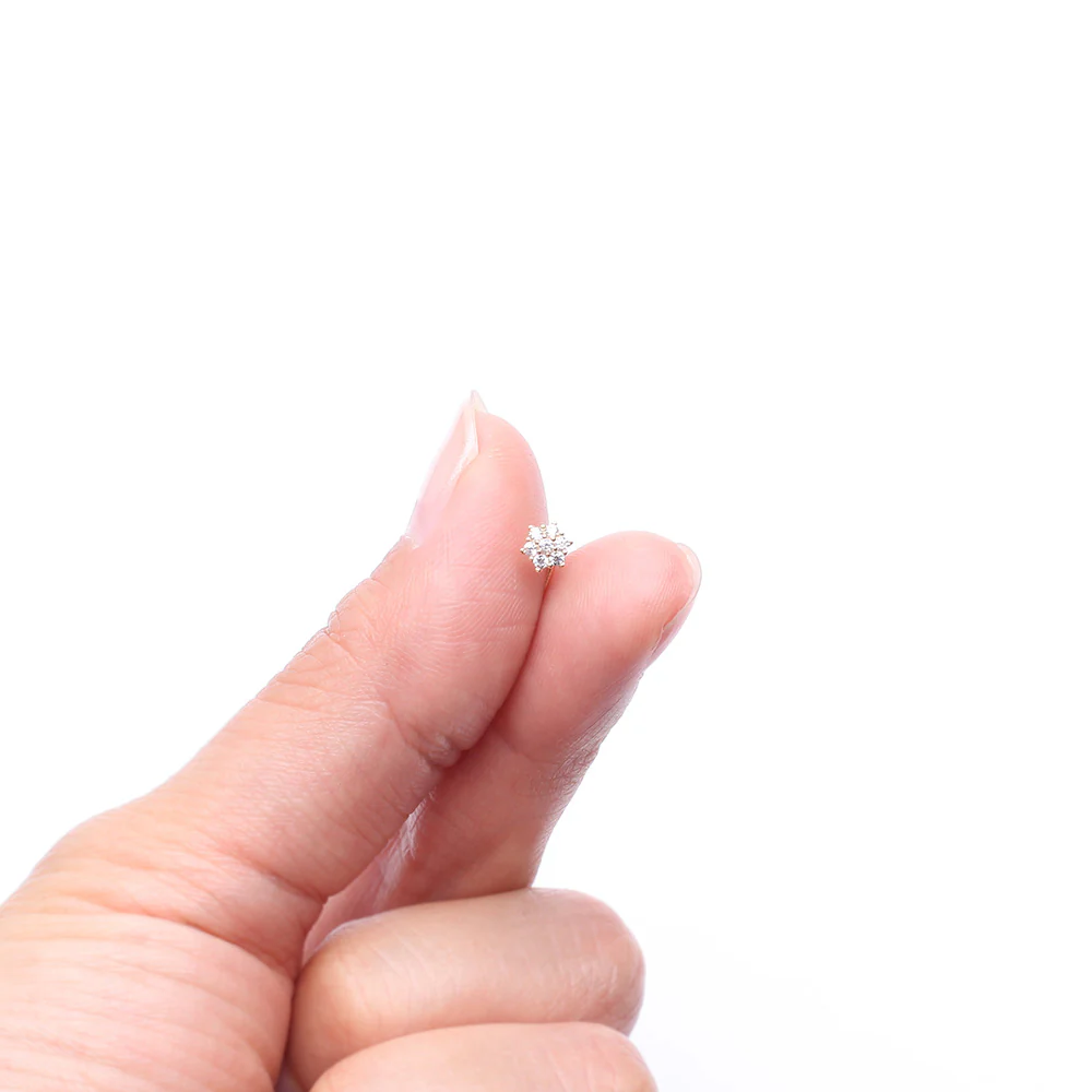 14 Karat Gold Brilliant Sparkle Flower L-Shaped Nose Ring - Image 3