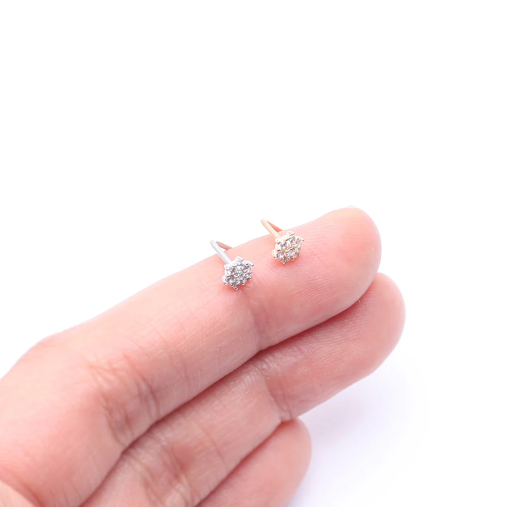 14 Karat Gold Brilliant Sparkle Flower L-Shaped Nose Ring - Image 4