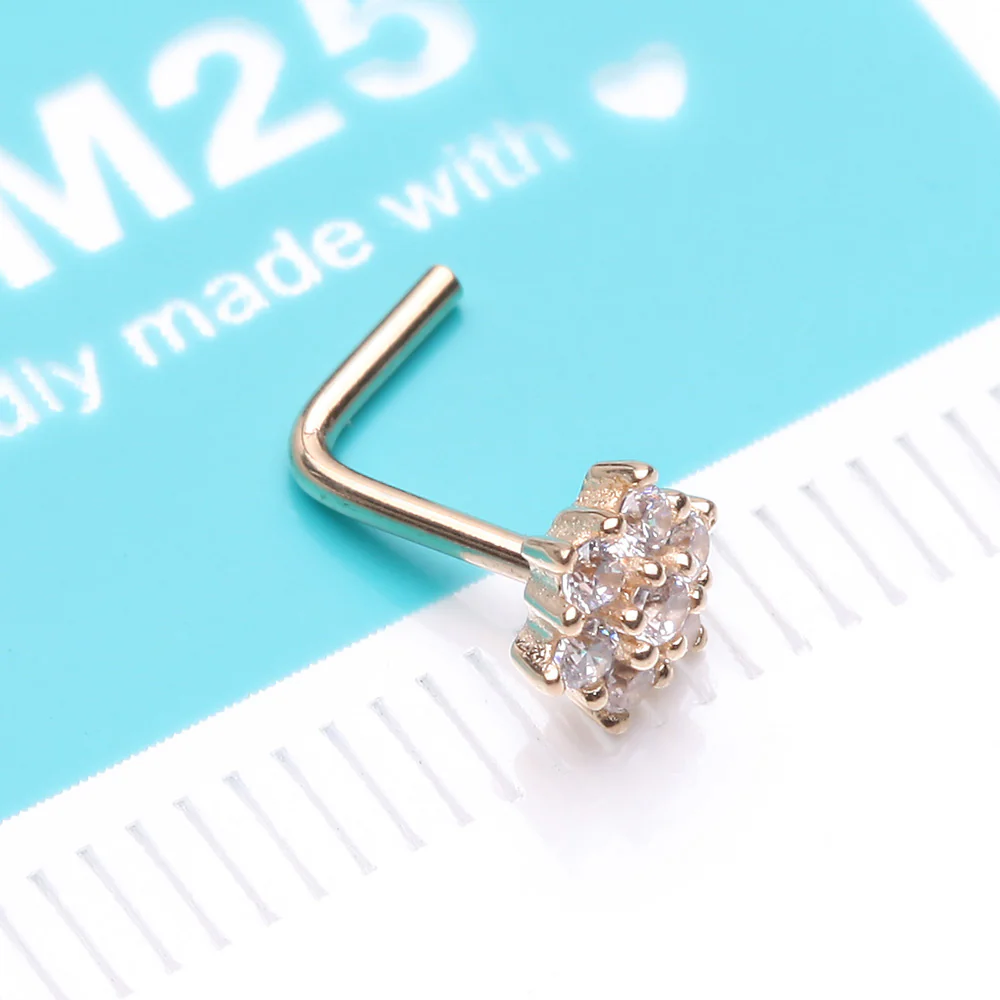 14 Karat Gold Brilliant Sparkle Flower L-Shaped Nose Ring - Image 5