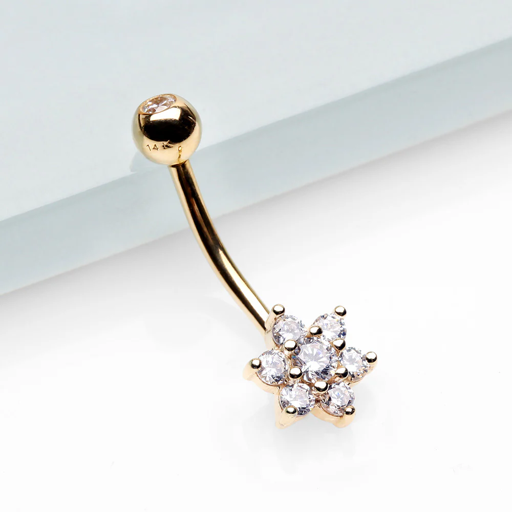14 Karat Gold Brilliant Sparkle Prong Set Flower Belly Button Ring - Image 3