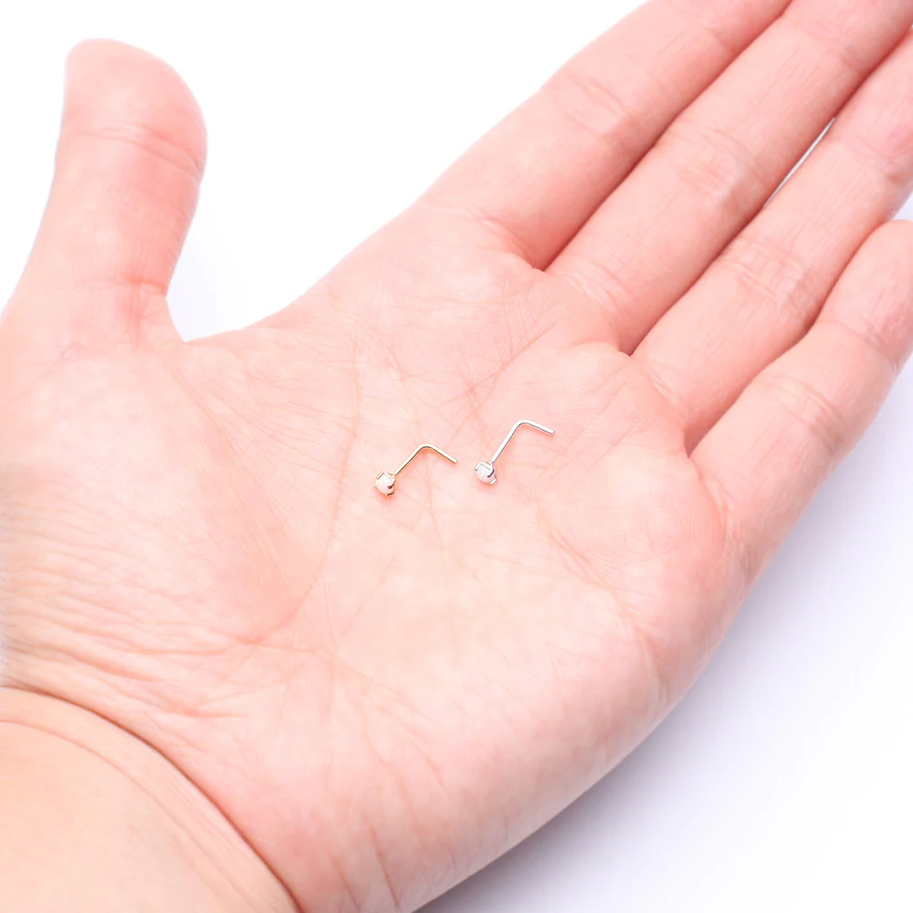 14 Karat Gold Fire Opal Prong Set Top L-Shaped Nose Ring - Image 4