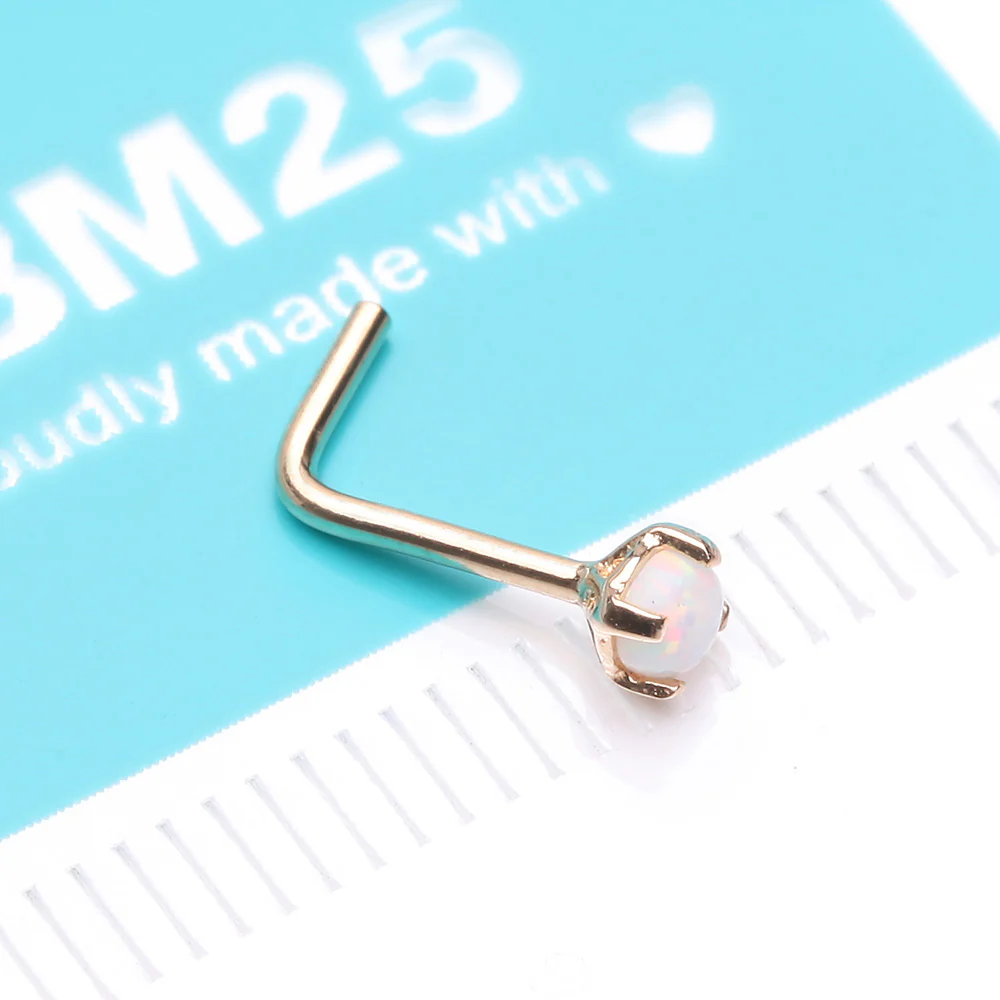 14 Karat Gold Fire Opal Prong Set Top L-Shaped Nose Ring - Image 5