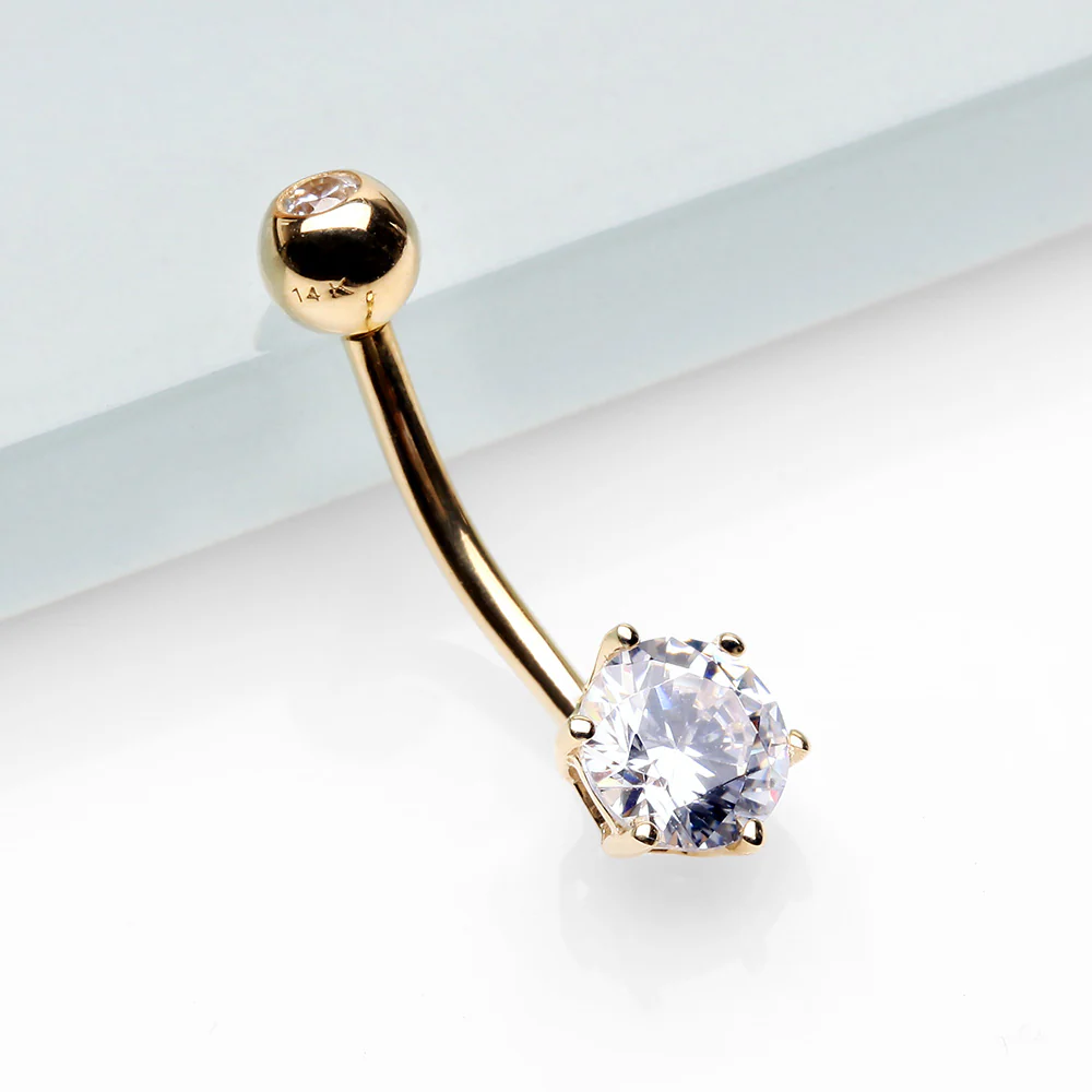14 Karat Gold Glam Prong Set Gem Belly Button Ring - Image 3