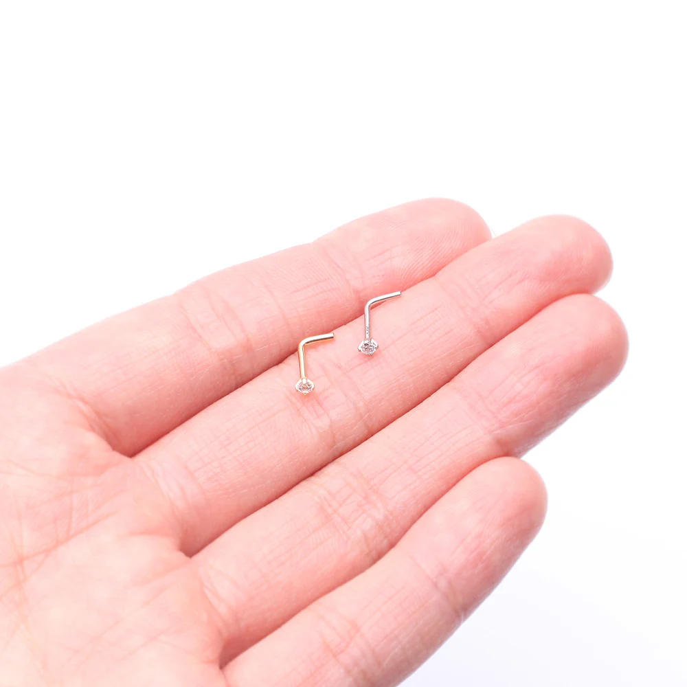 14 Karat Gold Prong Set Gem Top L-Shaped Nose Ring - Image 4