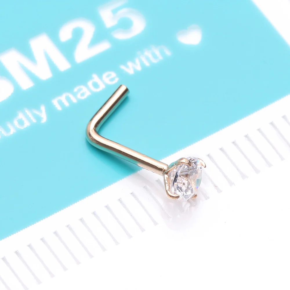 14 Karat Gold Prong Set Gem Top L-Shaped Nose Ring - Image 5