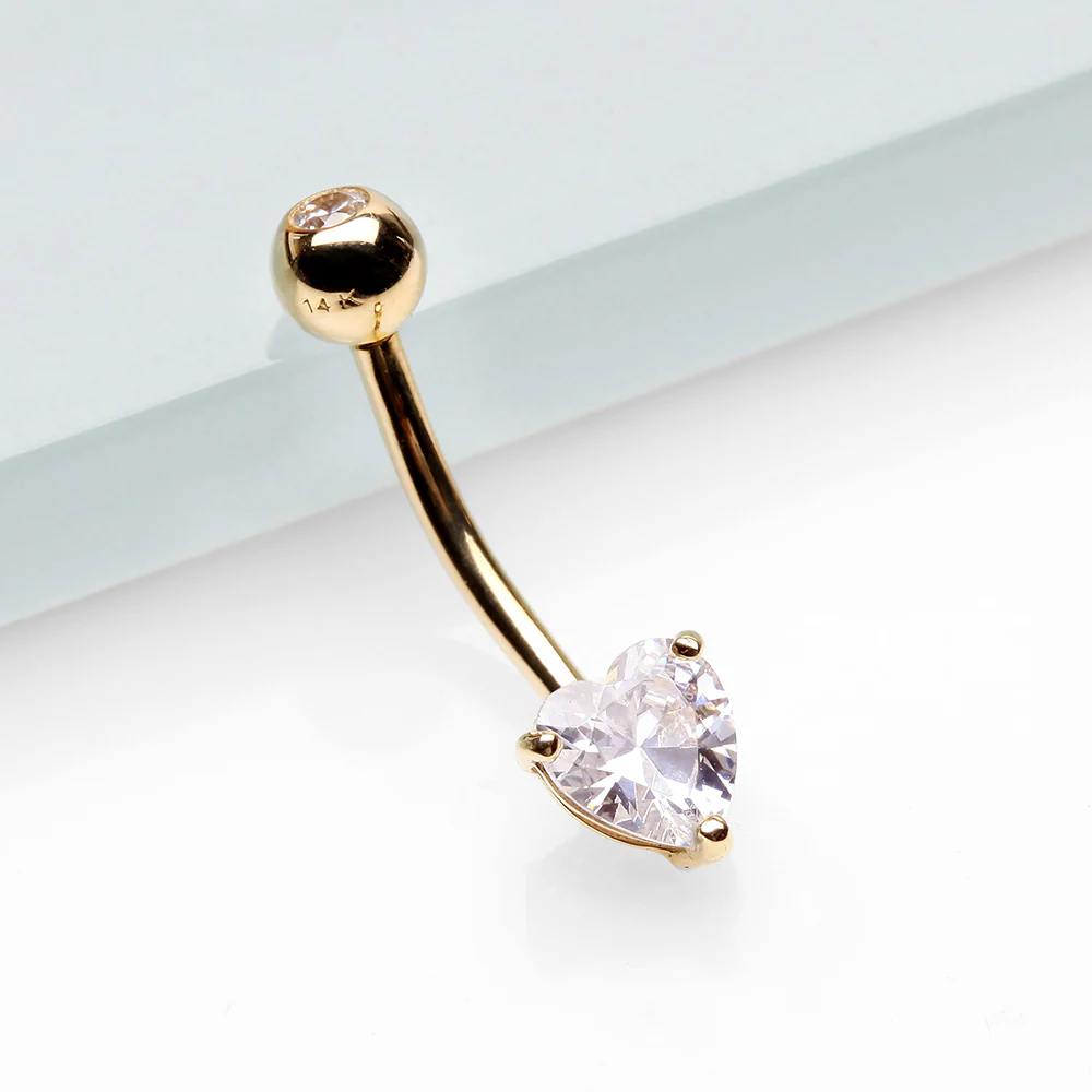 14 Karat Gold Prong Set Heart Gem Belly Button Ring - Image 3