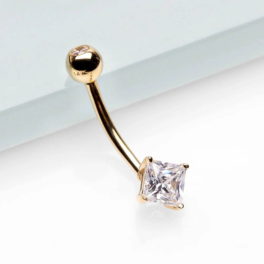 14 Karat Gold Prong Set Princess Cut Gem Belly Button Ring - Image 3