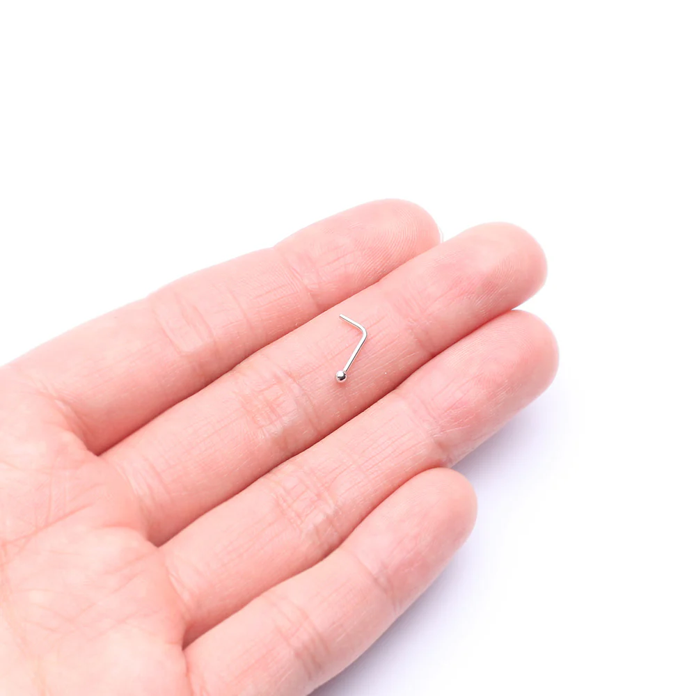 14 Karat White Gold Ball Top L-Shaped Nose Ring - Image 3