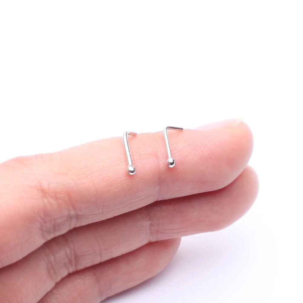 14 Karat White Gold Ball Top L-Shaped Nose Ring - Image 4