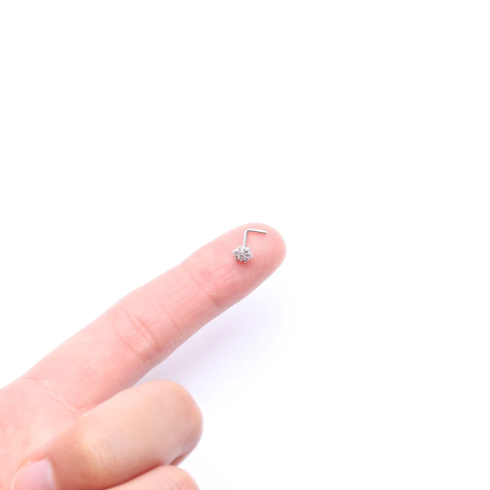 14 Karat White Gold Brilliant Sparkle Flower L-Shaped Nose Ring - Image 3