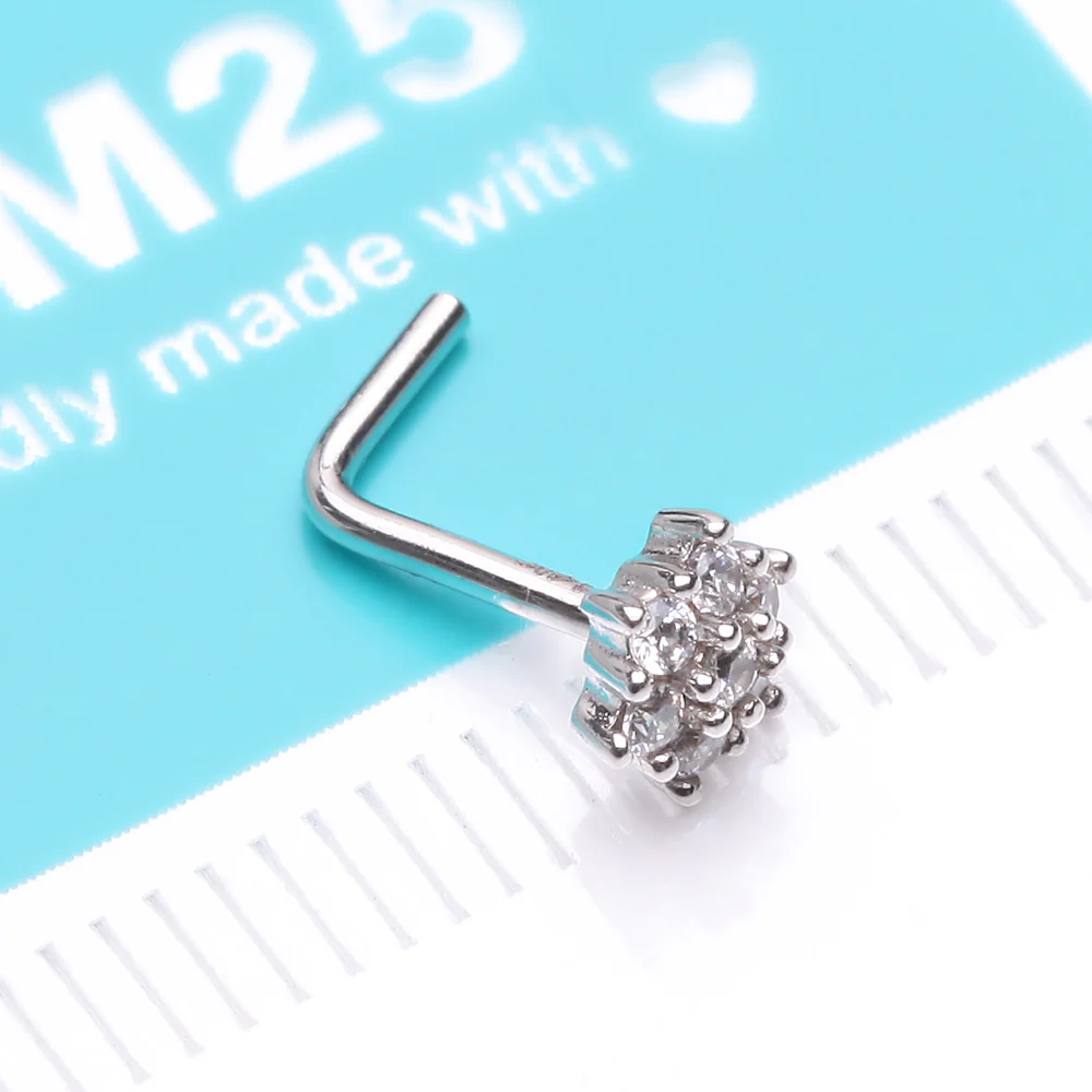 14 Karat White Gold Brilliant Sparkle Flower L-Shaped Nose Ring - Image 5