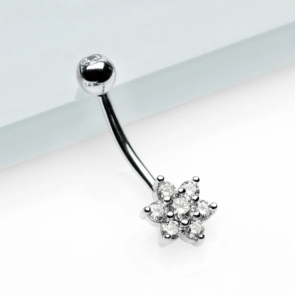 14 Karat White Gold Brilliant Sparkle Prong Set Flower Belly Button Ring - Image 3