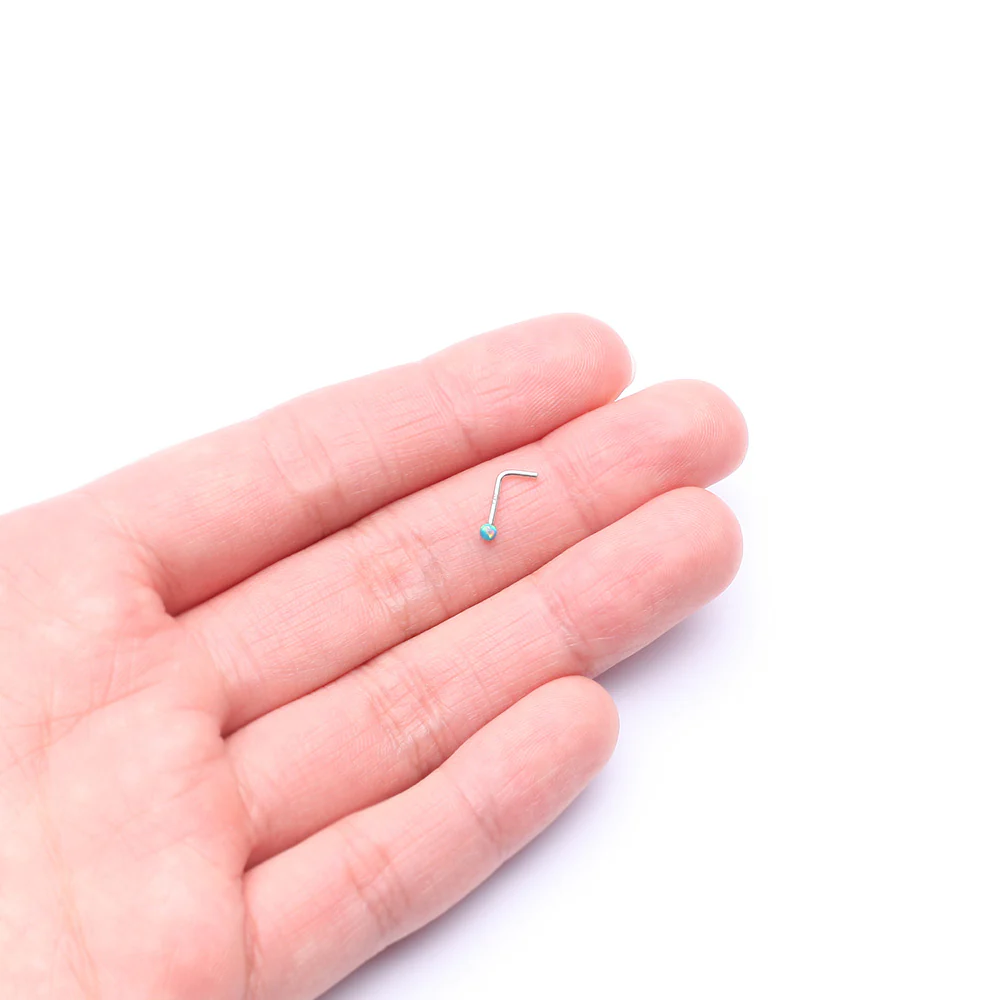 14 Karat White Gold Fire Opal Ball L-Shaped Nose Ring* - Image 3