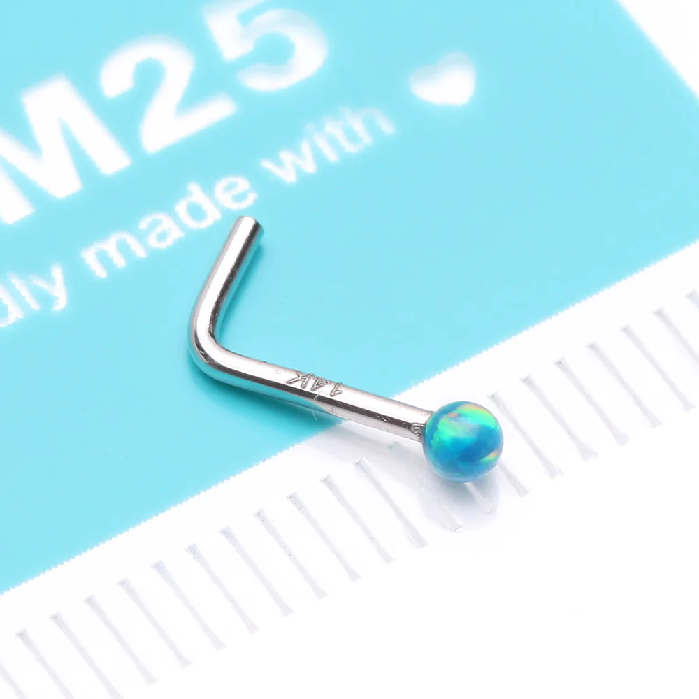 14 Karat White Gold Fire Opal Ball L-Shaped Nose Ring* - Image 5