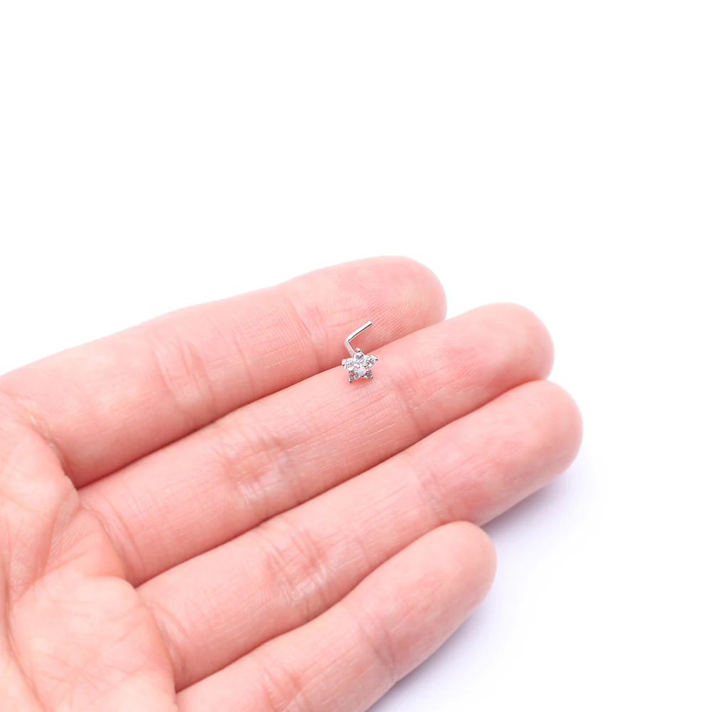 14 Karat White Gold Fire Opal Multi-Gem Sparkle Flower Top L-Shaped Nose Ring* - Image 3