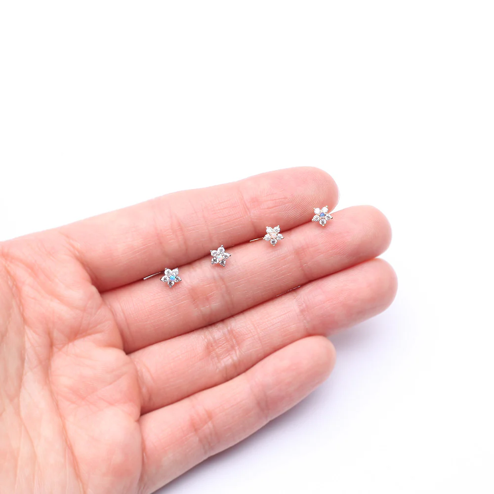 14 Karat White Gold Fire Opal Multi-Gem Sparkle Flower Top L-Shaped Nose Ring* - Image 4