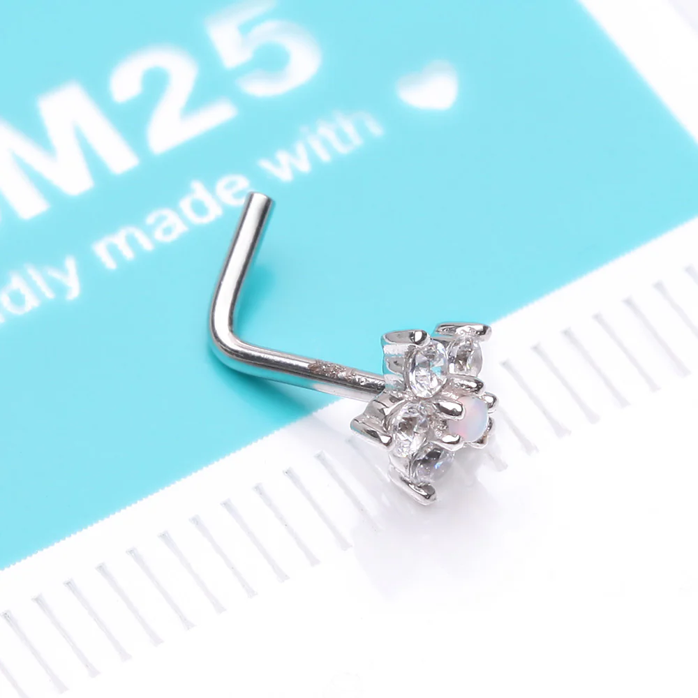 14 Karat White Gold Fire Opal Multi-Gem Sparkle Flower Top L-Shaped Nose Ring* - Image 5