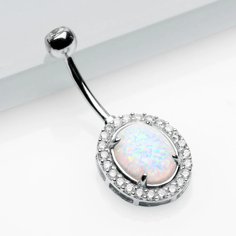 14 Karat White Gold Fire Opal Multi-Gem Sparkle Oval Belly Button Ring* - Image 3