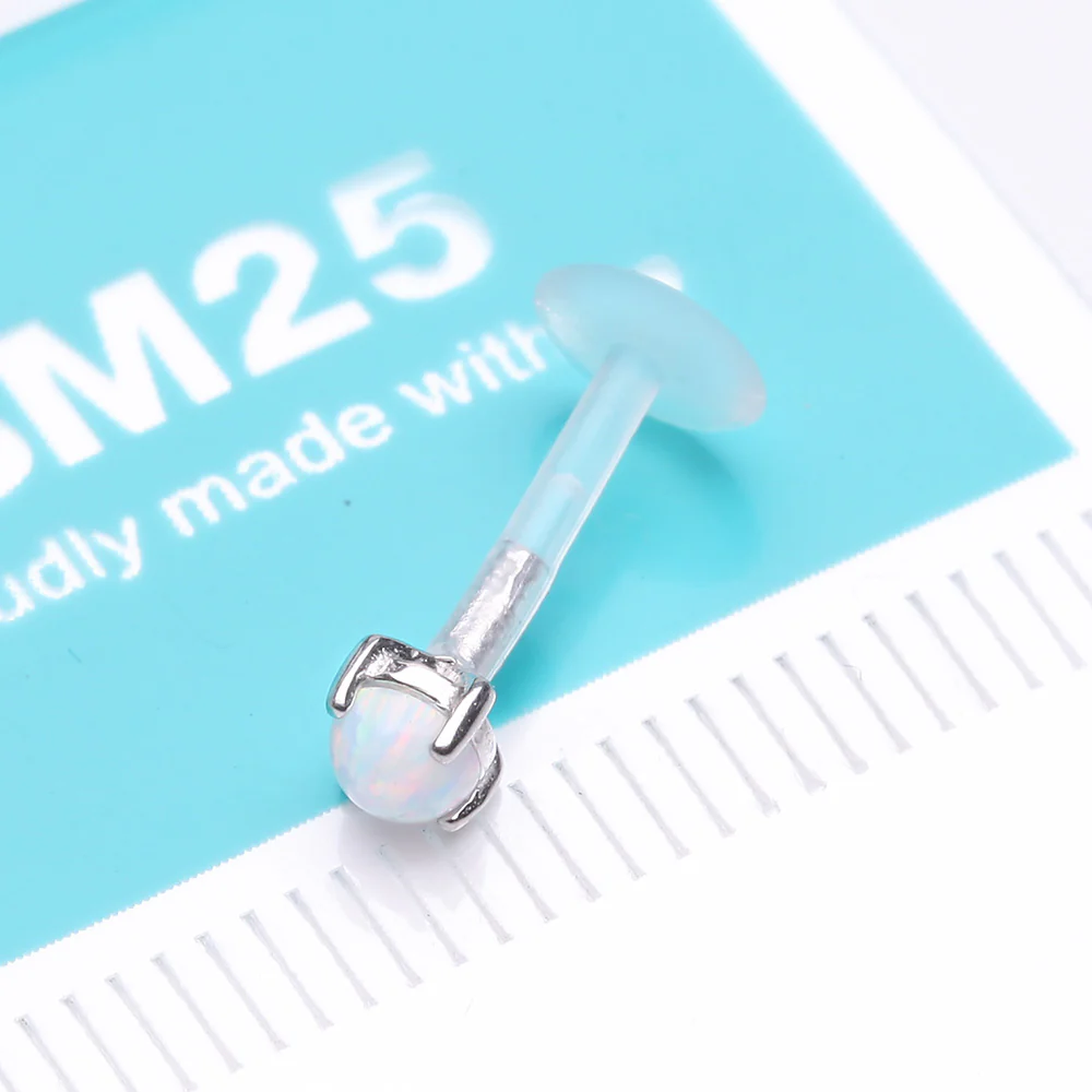 14 Karat White Gold Fire Opal Prong Set Top Bio-Flex Labret - Image 3