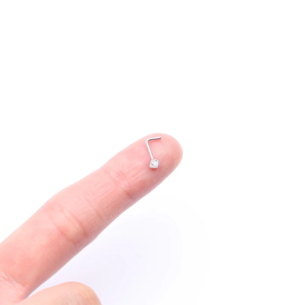 14 Karat White Gold Fire Opal Prong Set Top L-Shaped Nose Ring - Image 3