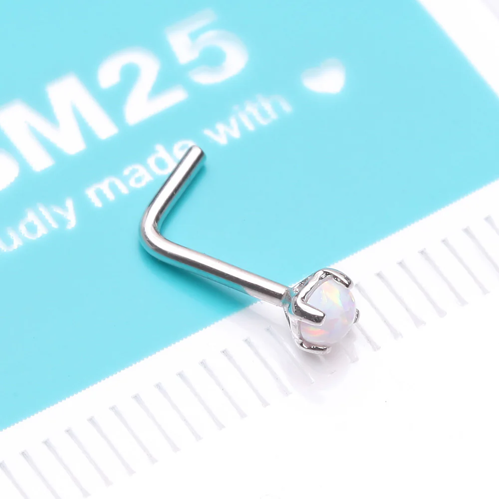 14 Karat White Gold Fire Opal Prong Set Top L-Shaped Nose Ring - Image 5