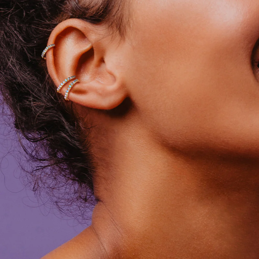 14 Karat White Gold Fire Opal Sparkle Lined Clicker Hoop Ring - Image 3