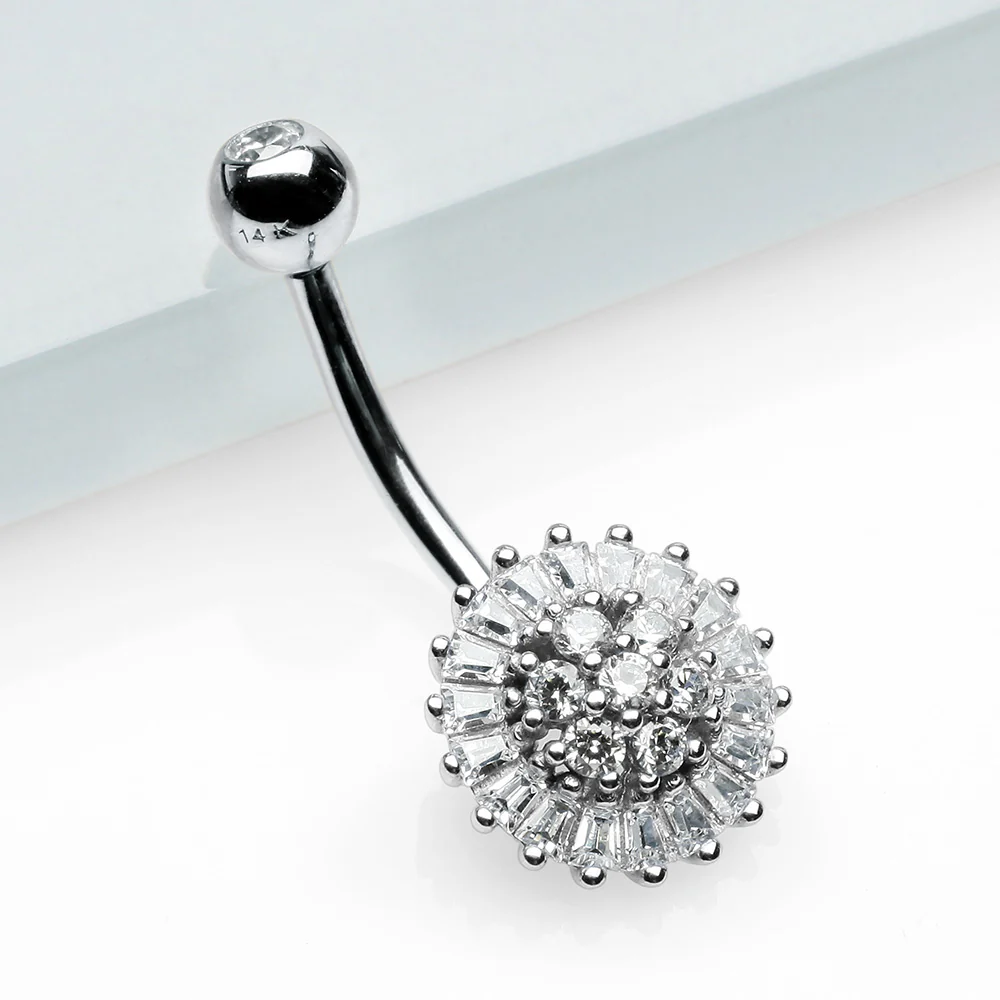 14 Karat White Gold Grand Sparkle Prong Set Flower Belly Button Ring - Image 3