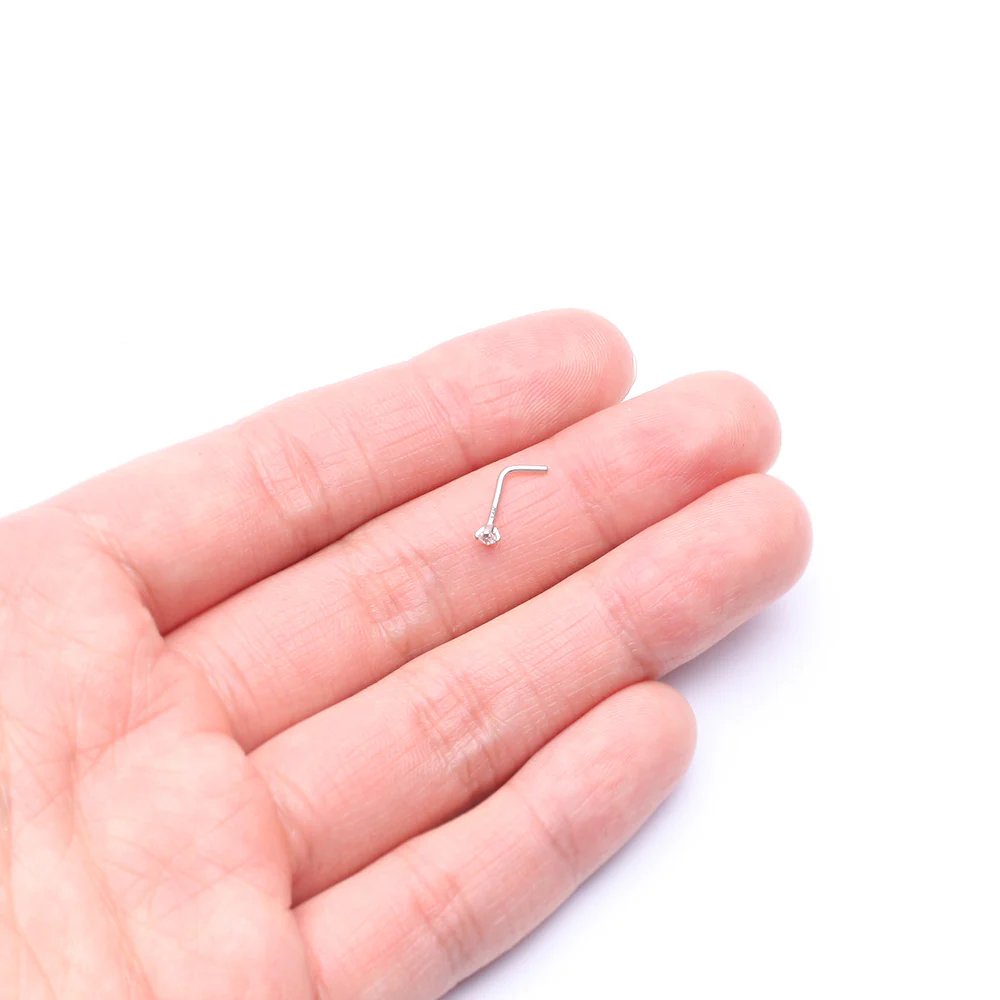 14 Karat White Gold Prong Set Gem Top L-Shaped Nose Ring - Image 3