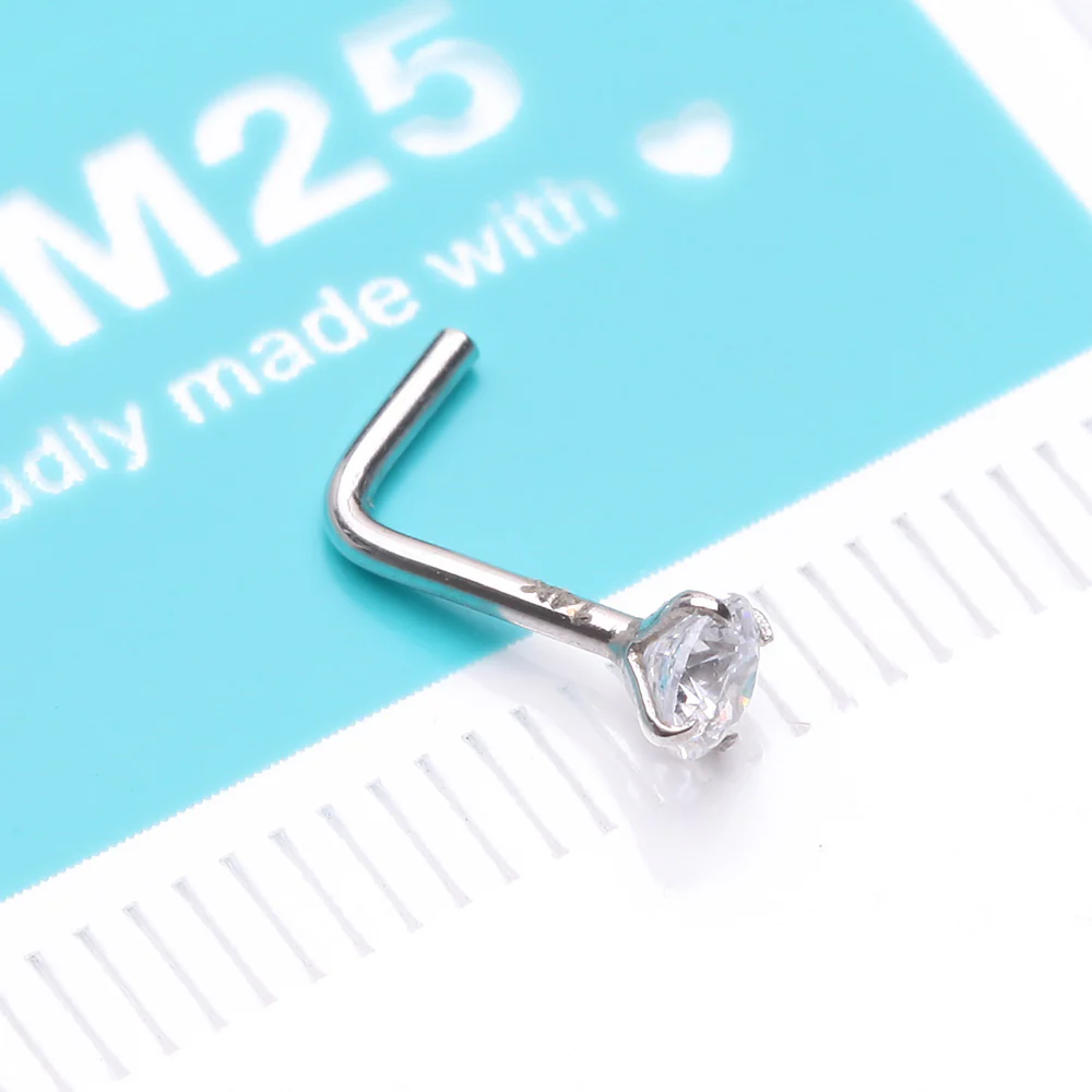 14 Karat White Gold Prong Set Gem Top L-Shaped Nose Ring - Image 5
