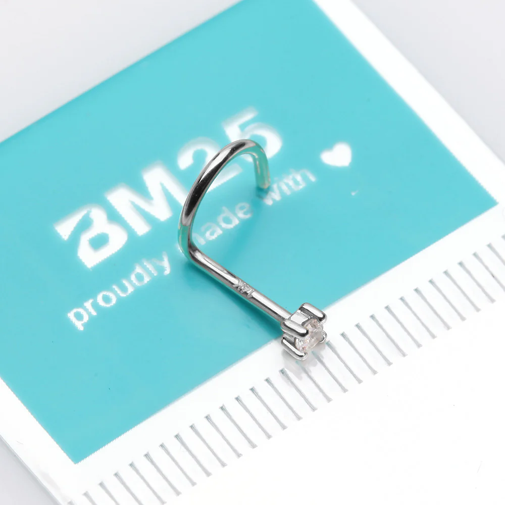 14 Karat White Gold Prong Set Gem Top Nose Screw Ring - Image 3