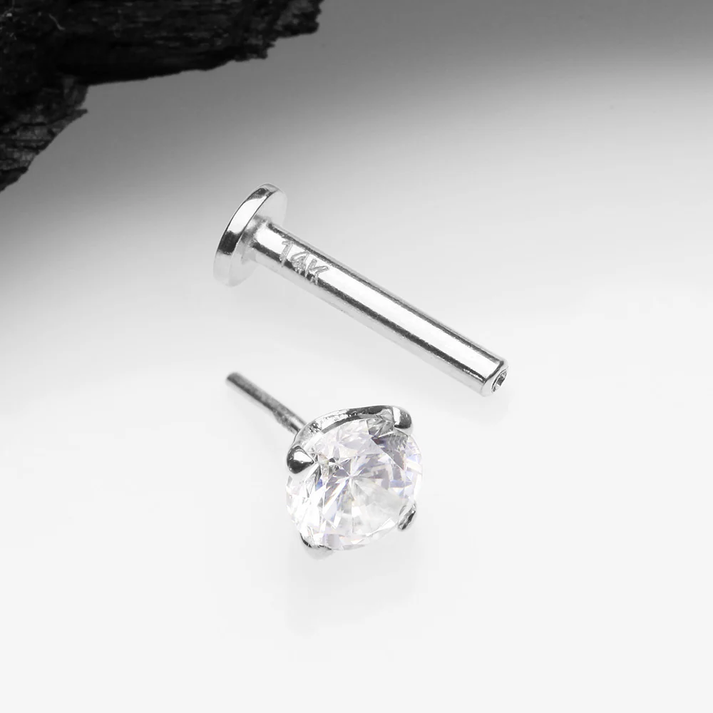 14 Karat White Gold OneFit Threadless Prong Set Gem Top Flat Back Stud Labret - Image 3
