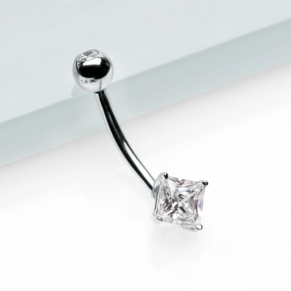 14 Karat White Gold Prong Set Princess Cut Gem Belly Button Ring - Image 3