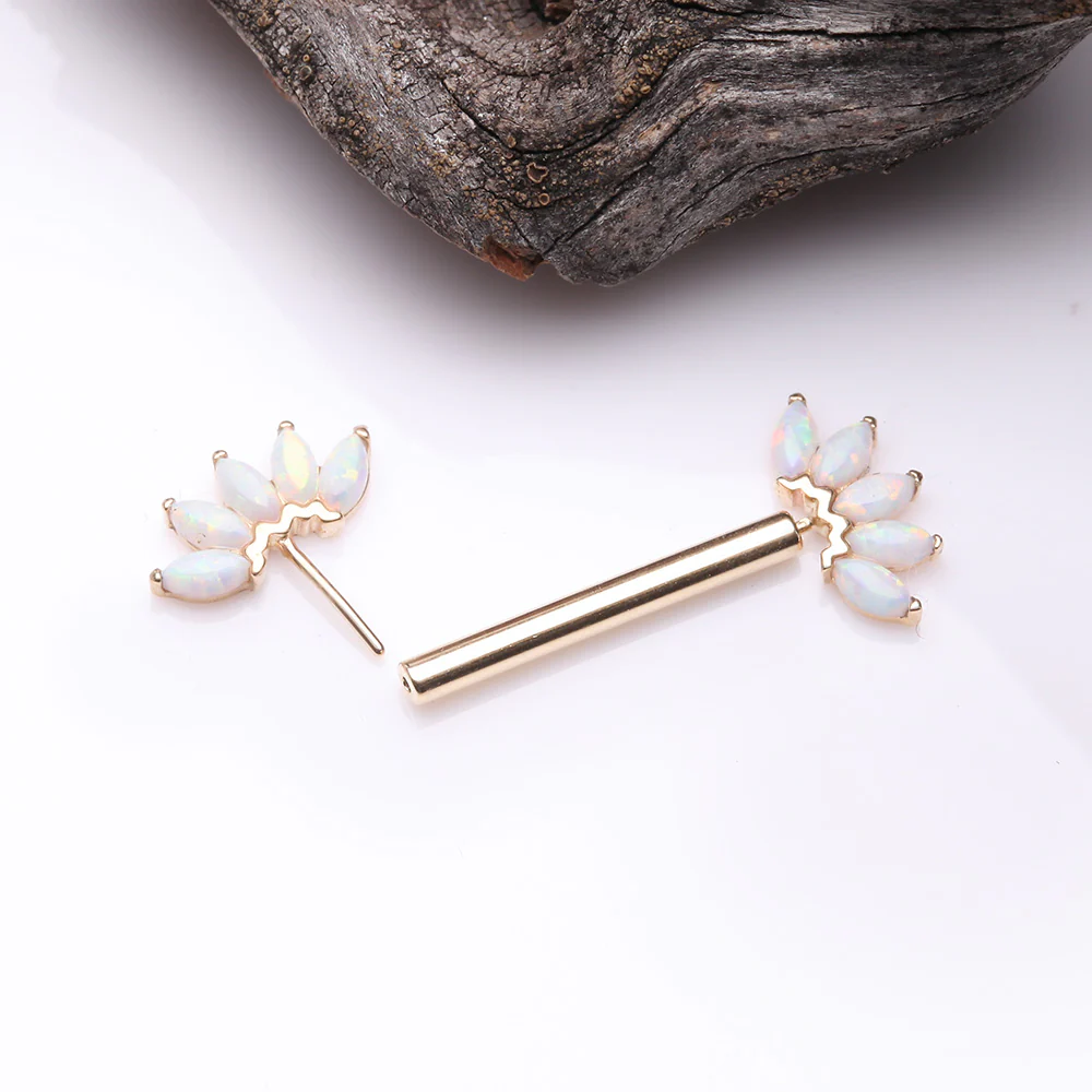 A Pair of 14 Karat Gold OneFit Threadless Marquise Fire Opal Floral Nipple Barbell - Image 3