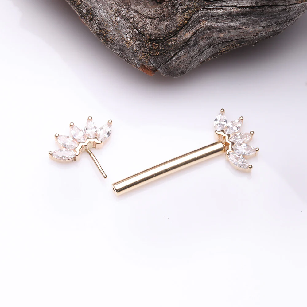 A Pair of 14 Karat Gold OneFit Threadless Marquise Sparkle Floral Nipple Barbell - Image 3