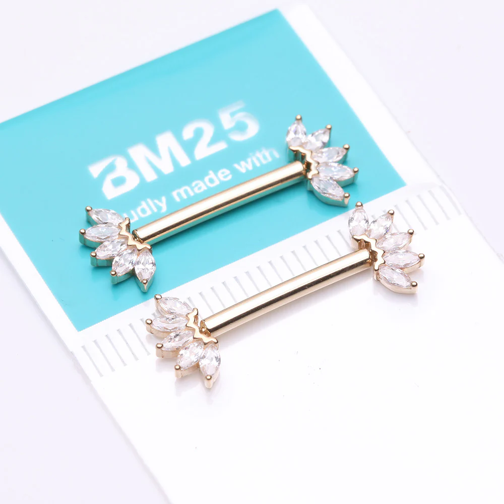 A Pair of 14 Karat Gold OneFit Threadless Marquise Sparkle Floral Nipple Barbell - Image 4