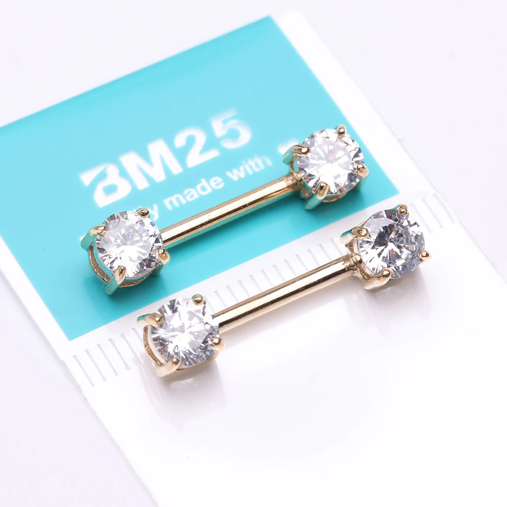 A Pair of 14 Karat Gold Prong Set Gem Sparkle Nipple Barbell - Image 3