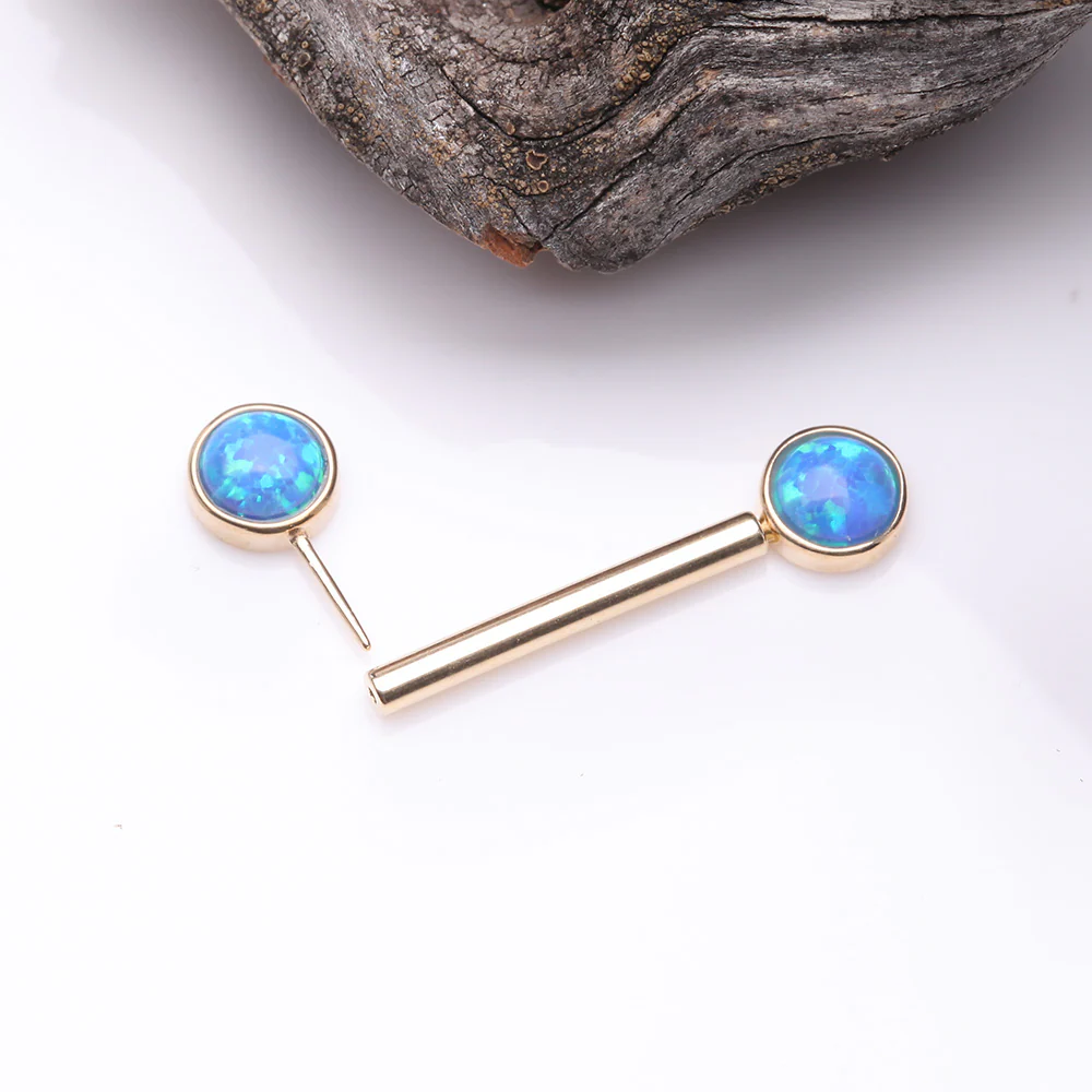A Pair of 14 Karat Gold OneFit Threadless Round Fire Opal Bezel Set Nipple Barbell - Image 3