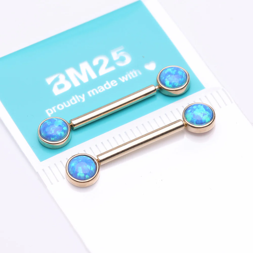 A Pair of 14 Karat Gold OneFit Threadless Round Fire Opal Bezel Set Nipple Barbell - Image 4
