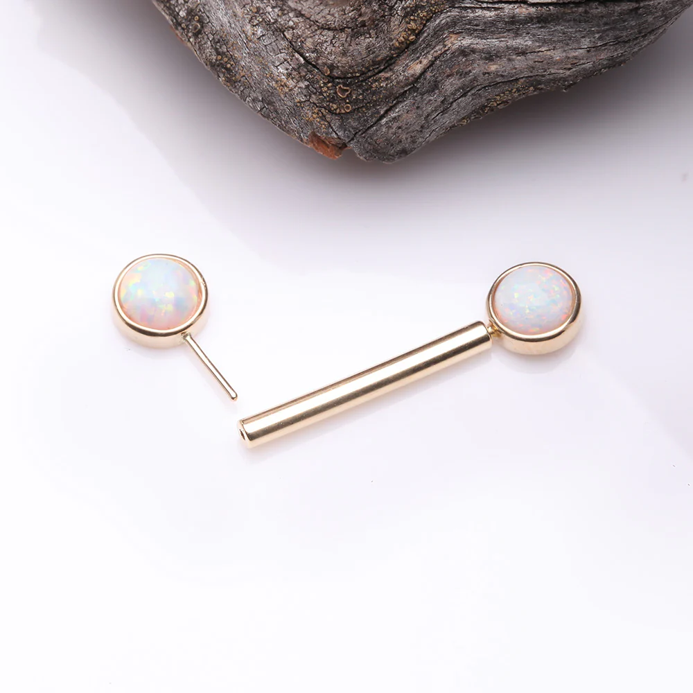 A Pair of 14 Karat Gold OneFit Threadless Round Fire Opal Bezel Set Nipple Barbell - Image 3