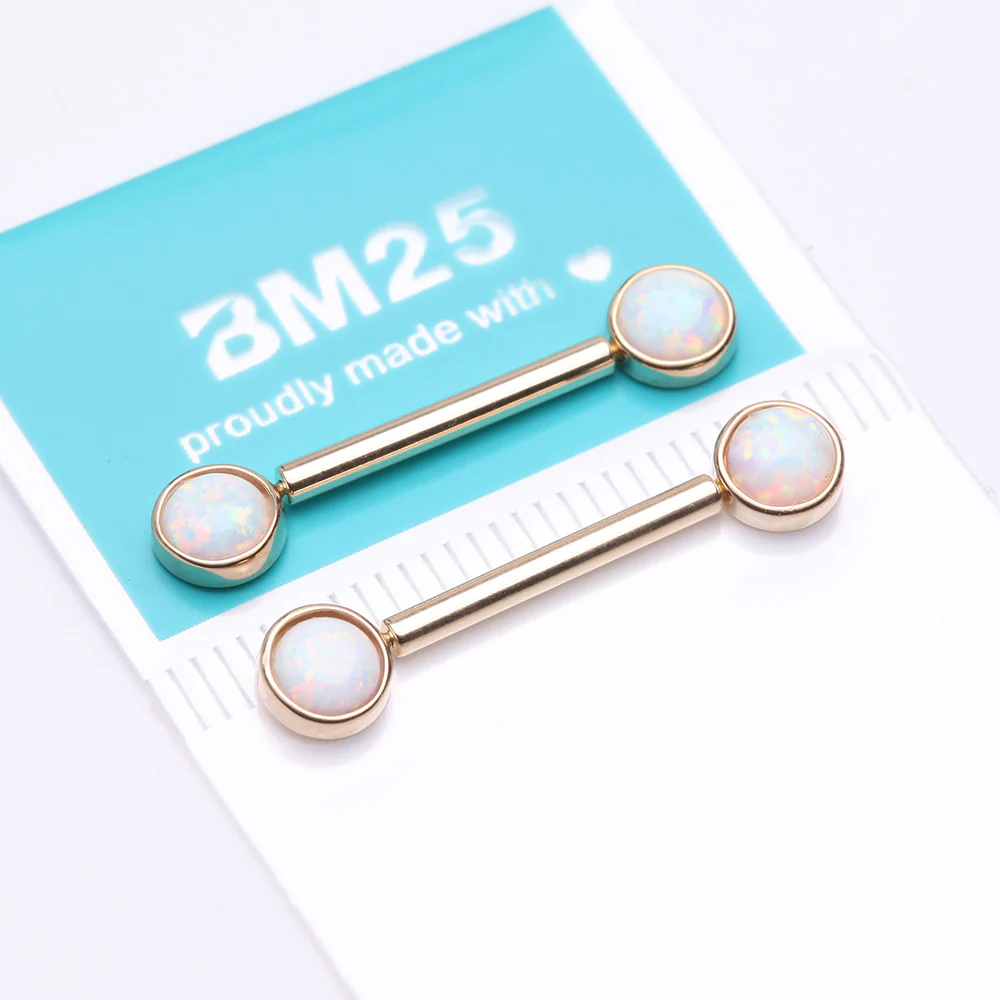 A Pair of 14 Karat Gold OneFit Threadless Round Fire Opal Bezel Set Nipple Barbell - Image 4
