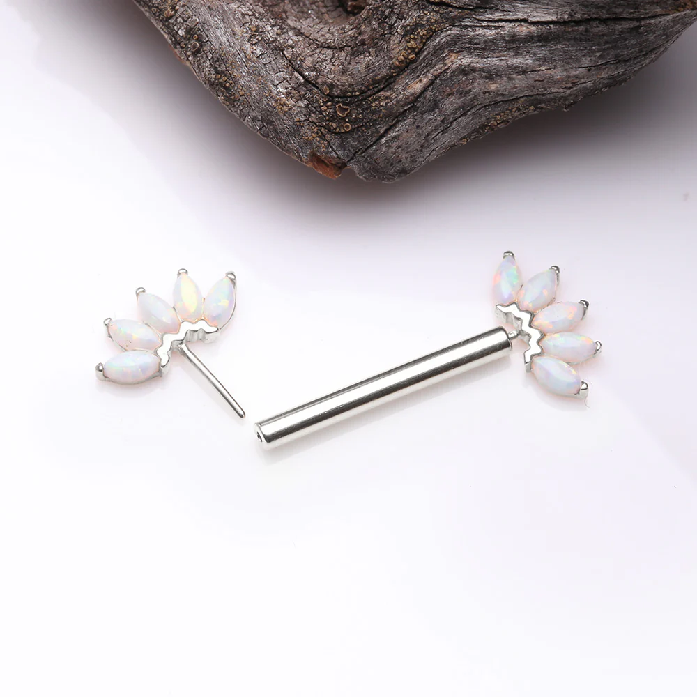 A Pair of 14 Karat White Gold OneFit Threadless Marquise Fire Opal Floral Nipple Barbell - Image 3