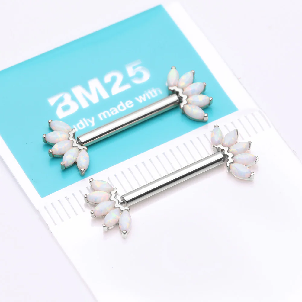 A Pair of 14 Karat White Gold OneFit Threadless Marquise Fire Opal Floral Nipple Barbell - Image 4
