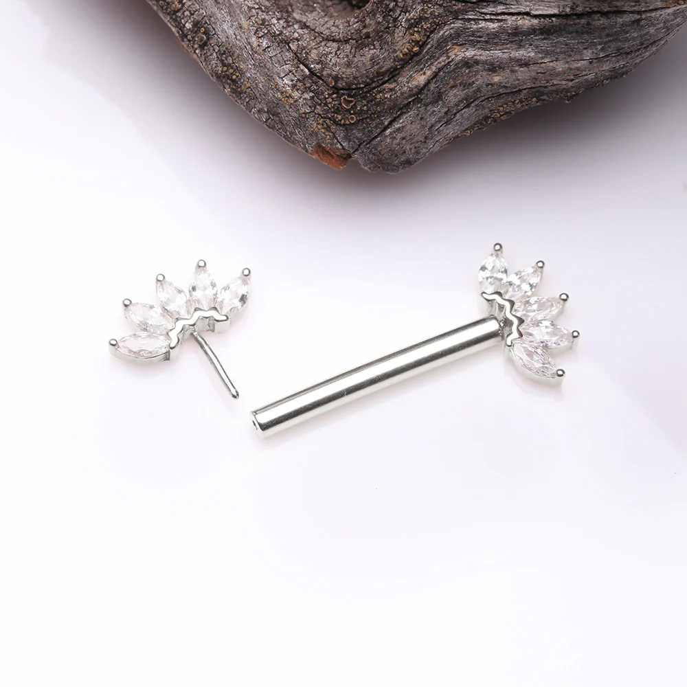 A Pair of 14 Karat White Gold OneFit Threadless Marquise Sparkle Floral Nipple Barbell - Image 3