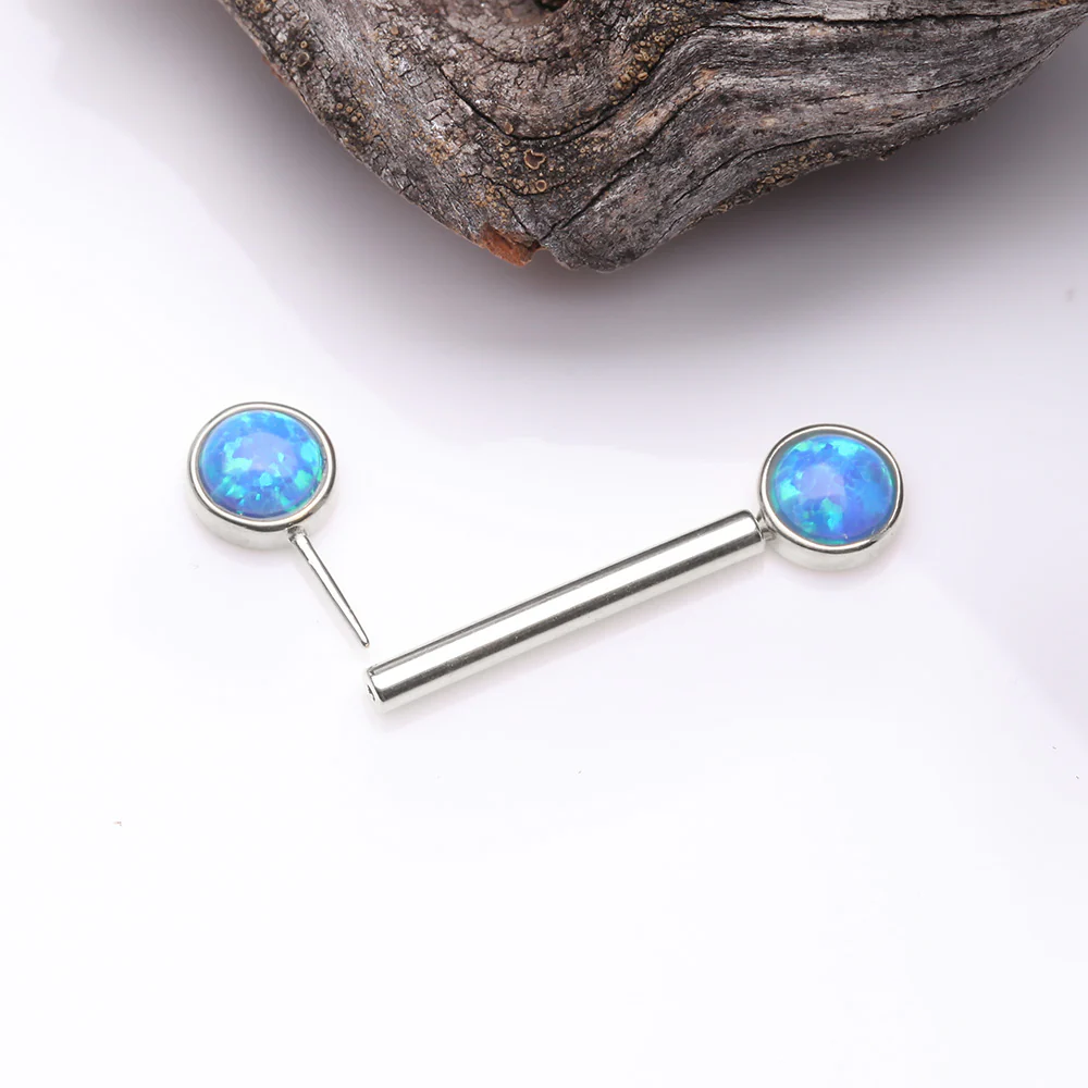 A Pair of 14 Karat White Gold OneFit Threadless Round Fire Opal Bezel Set Nipple Barbell - Image 3
