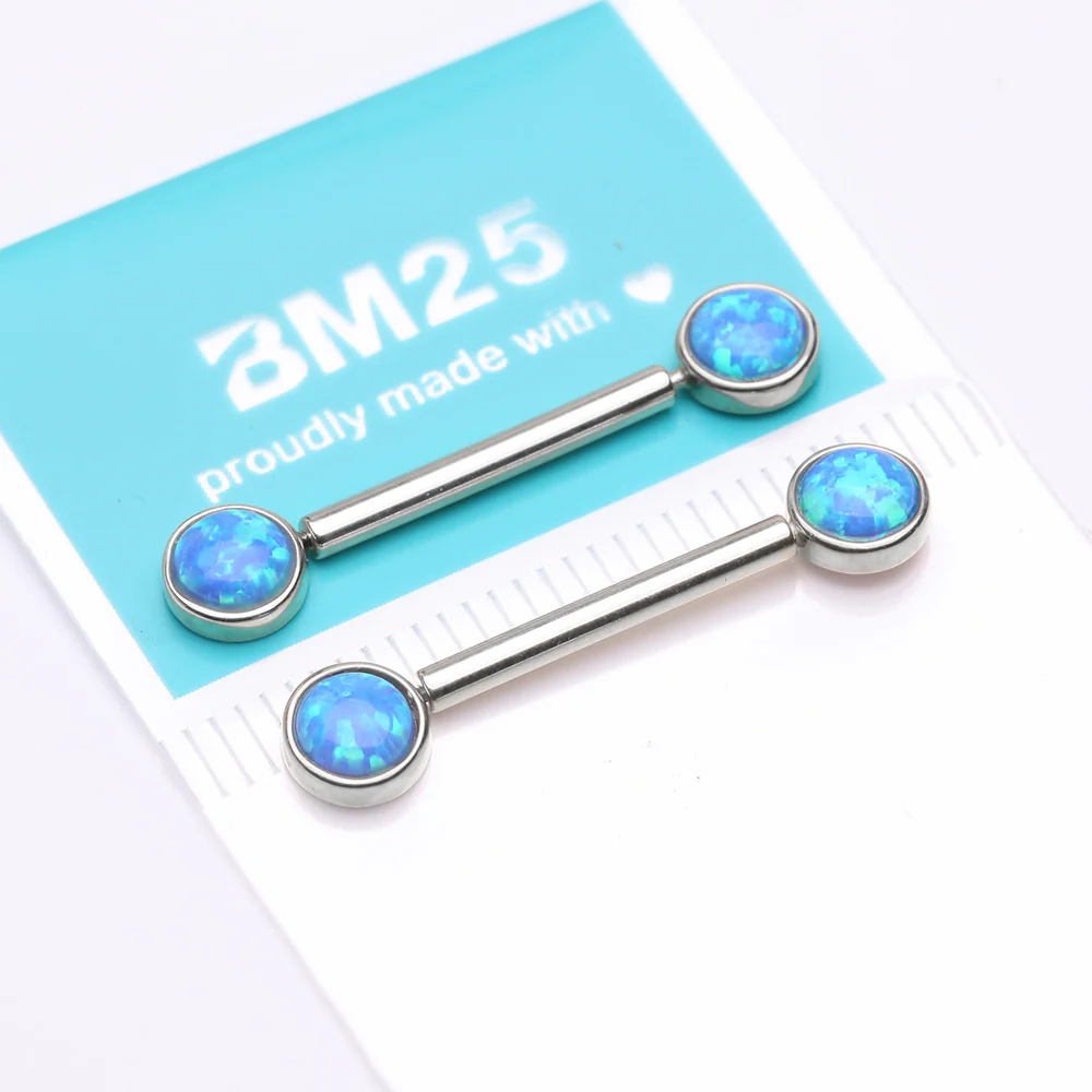 A Pair of 14 Karat White Gold OneFit Threadless Round Fire Opal Bezel Set Nipple Barbell - Image 4