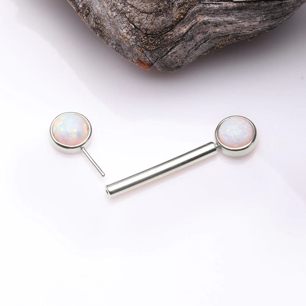 A Pair of 14 Karat White Gold OneFit Threadless Round Fire Opal Bezel Set Nipple Barbell - Image 3