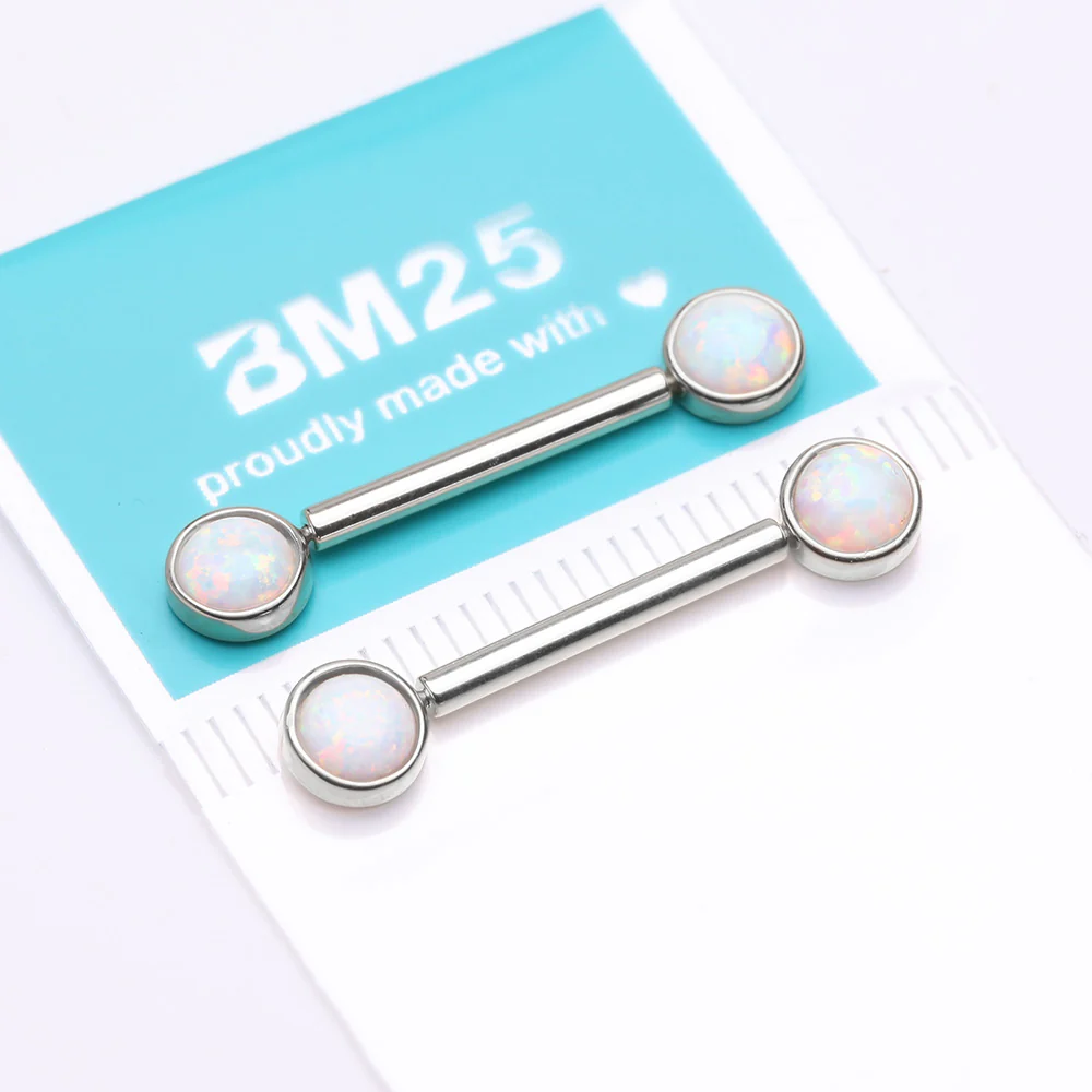 A Pair of 14 Karat White Gold OneFit Threadless Round Fire Opal Bezel Set Nipple Barbell - Image 4