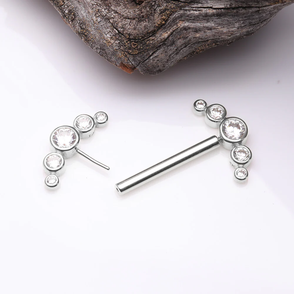 A Pair of 14 Karat White Gold OneFit Threadless Sparkle Ray Multi-Gem Nipple Barbell - Image 3