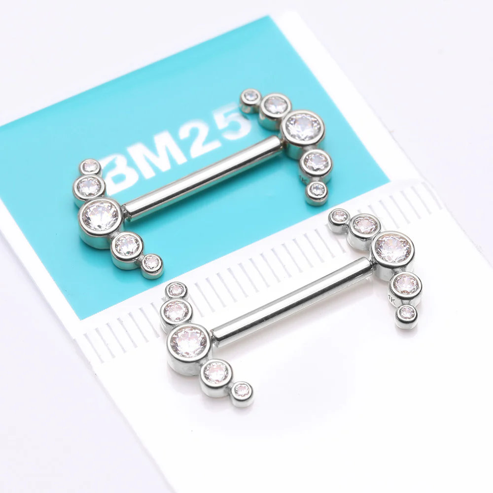 A Pair of 14 Karat White Gold OneFit Threadless Sparkle Ray Multi-Gem Nipple Barbell - Image 4